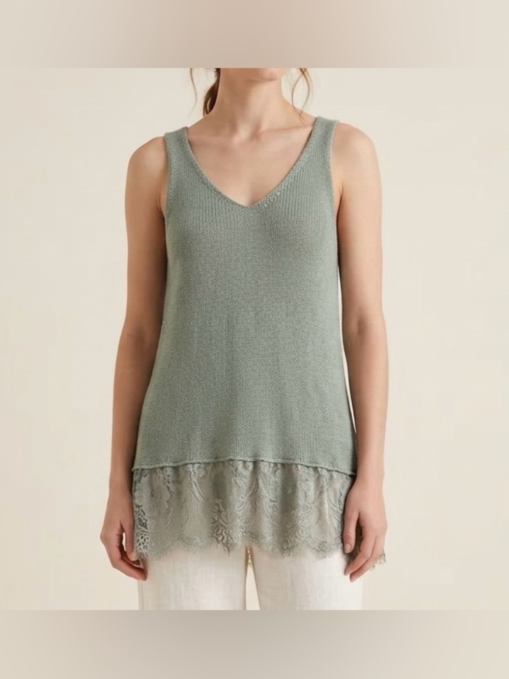 Cloud Chaser Sage Green V-Neck Knit Tank Top Scalloped Lace Hem Medium Fairycore